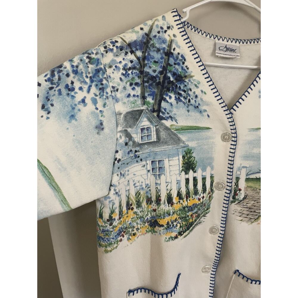 Vtg Artisan Sunchein Designs Cardigan Sweater Coastal Seaside Lighthouse Flowers - Picture 2 of 8